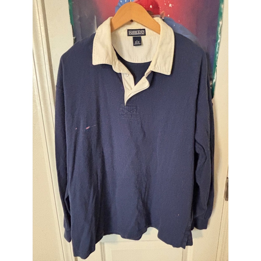 Lands End Mens Navy Blue Long Sleeve Rugby Shirt Cream Collar Large 42-44